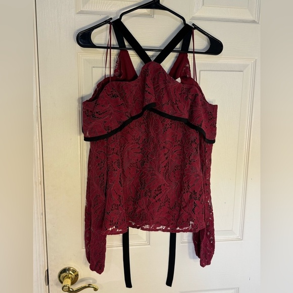 WAYF Shirt Womens Small Red Pink Helena Lace‎ Top Off the Shoulder Halter NWOT - Picture 2 of 15